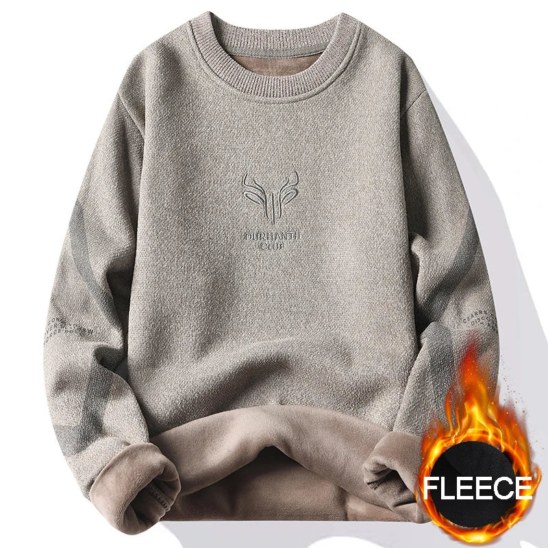 Men's Thick Fleece Sweater Embroidery Velvet Jumpers Fashion Elegant Luxury Brand Brown Knitted Sweater