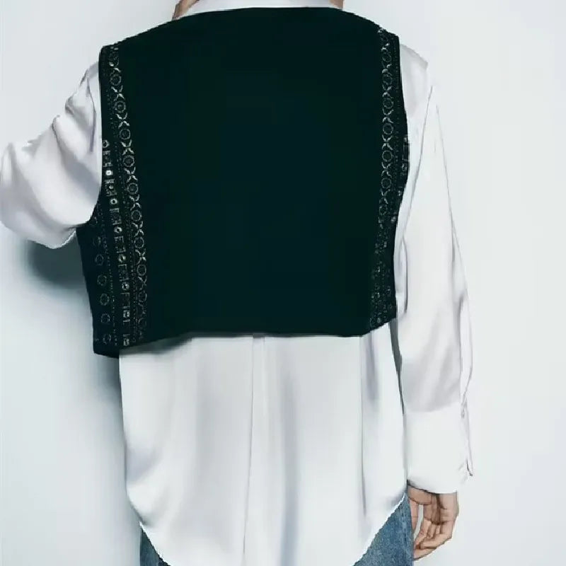 Ethnic Black Embroidery Bling Gold Line Flower WaistCoat Women BOHO Open Sleeveless Vest Jacket Outfits Vacation Loose Tops