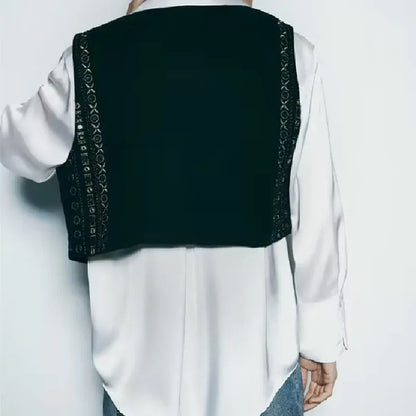 Ethnic Black Embroidery Bling Gold Line Flower WaistCoat Women BOHO Open Sleeveless Vest Jacket Outfits Vacation Loose Tops