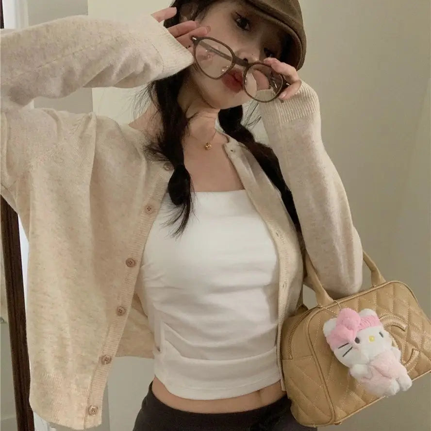 Red Cardigan Knit Early Autumn Women Clothes New 2025 Outdoor Crop Sweater Outerwear Long Sleeve Top Bottoming Shirt