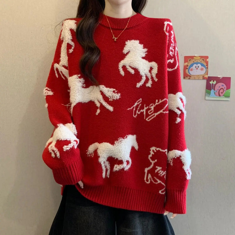 Couple red sweater men's and women's new birth year autumn and winter Chinese New Year  Horse thickened knitted sweater jacket