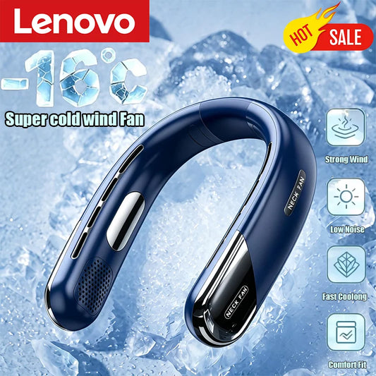 Lenovo 10000mAh Portable Neck Fan Bladeless Silent Fan USB Rechargeable 3 Speeds Mute Wireless Electric Neck Cooler Fan 2026New