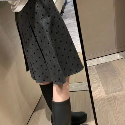 Fashion Wave Point Ruched Skirt For Women Y2k High Waist Mid-length Faldas Mujer 2025 Spring Autumn New Gray A-line Skirts