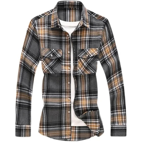 2026 New Men's Long Sleeved Plaid Shirt, with Two Chest Pockets Single Breasted Lapel Cotton Shirts Big Size Male Top Chemise