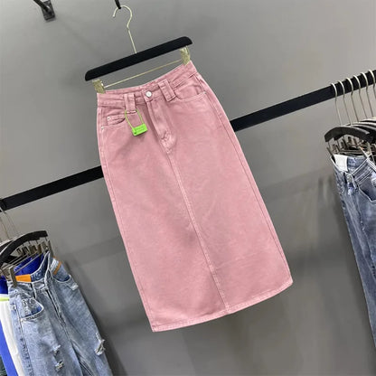 Women's High-waisted Denim Skirt 2026 New Pink A-shaped Back Split Hip Wrap Long Skirt