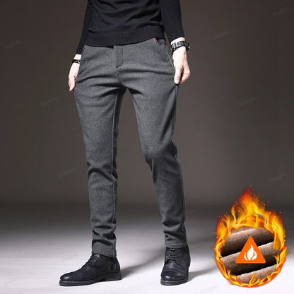 Winter Fleece Warm Brushed Fabric Men's Casual Pants Outdoors Business Thick Cotton Flocking Plush Black Grey Blue Trousers Male