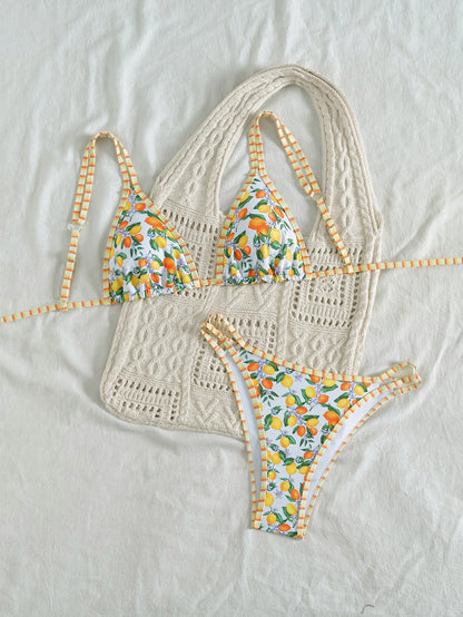 Sexy Orange Print Micro Bikini 2025 Women Double Strap Push Up Bra Hollow Out Thong Swimsuit Beach Bathing Suit Holiday Swimwear