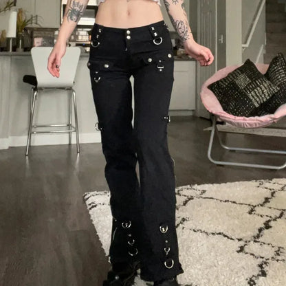 Women's Low Waist Emo Jeans, Dark Punk Jeans, Y2k Grunge,Mall Gothic, Black Patchwork, Electro Pants, Fashion Streetwear, Alt Cl