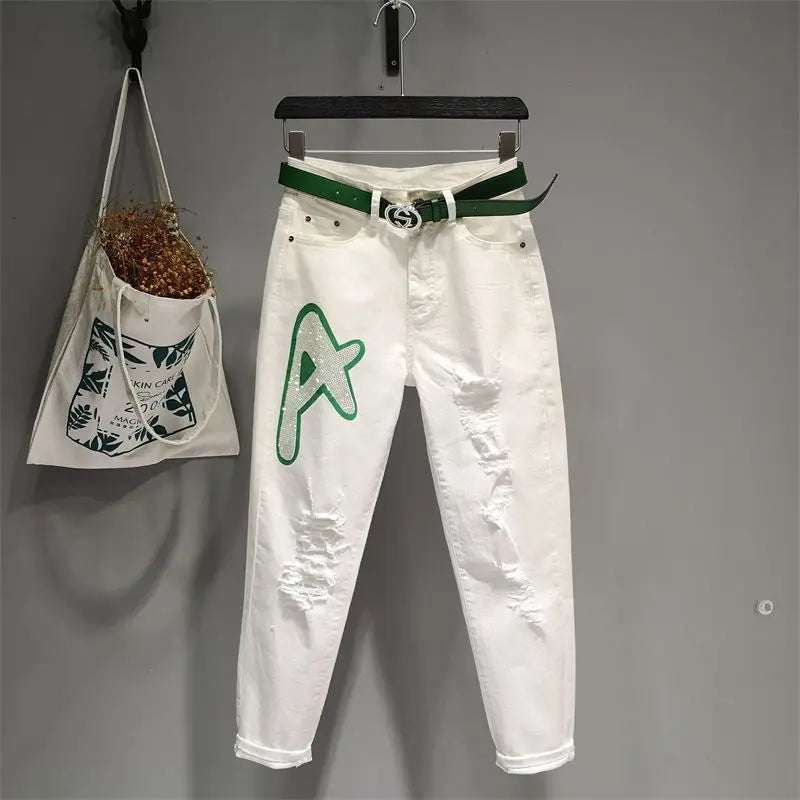 White Jeans 2023 New Women's Embroidery Wild Jeans Spring Summer Fashion Hole Ladies Denim Pants Casual Ankle-Length Jean Pants