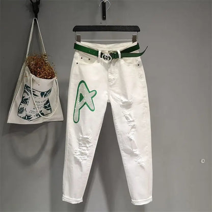 White Jeans 2023 New Women's Embroidery Wild Jeans Spring Summer Fashion Hole Ladies Denim Pants Casual Ankle-Length Jean Pants