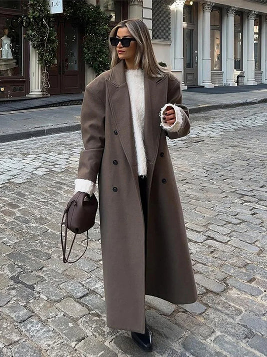Elegant Solid Women Woolen Long Coats Loose Lapel Double-breasted Full Sleeve Shoulder Pads Overcoat 2026 Spring New Outerwears