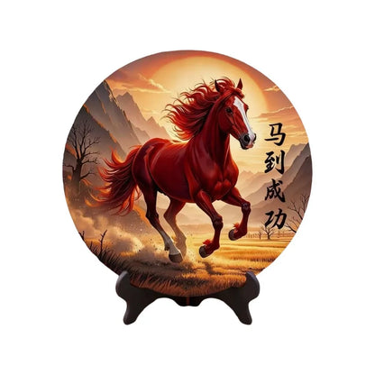 Horse Year Decorative Paintings Ornament Round Good Luck Desktop Ornament Wooden Funny Home Decor Ornament TV Cabinets