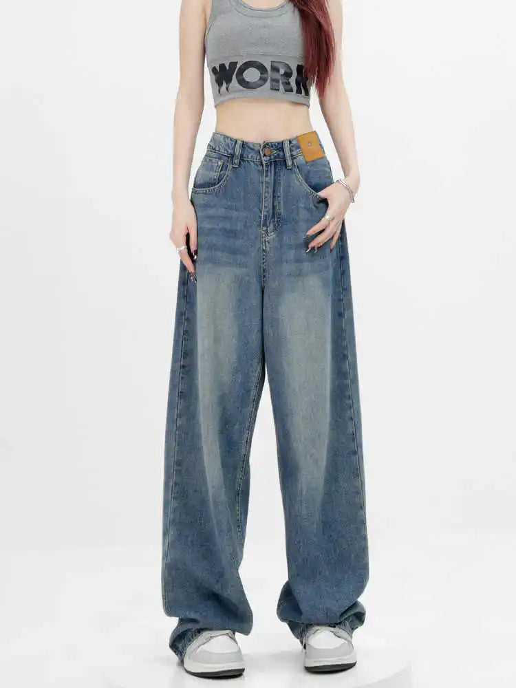 Womens Jeans High Waist Slim Fit Personality Denim Trousers Autumn Winter New Blue Loose Straight Wide Leg Drag Thin