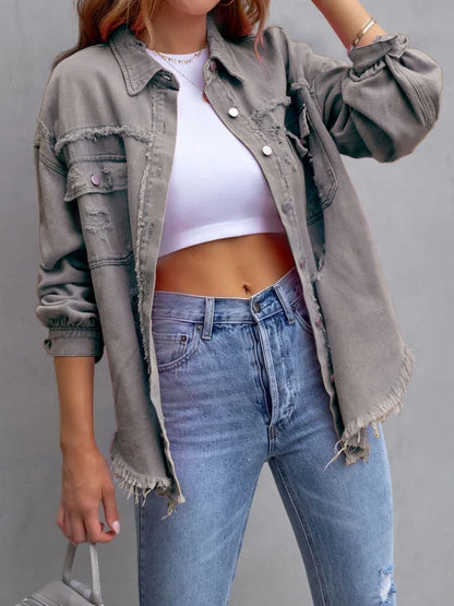 Spring Autumn Denim Women's Jacket Rough Selvedge Ripped Loose Fit Long Sleeve Korean Fashion Female Top