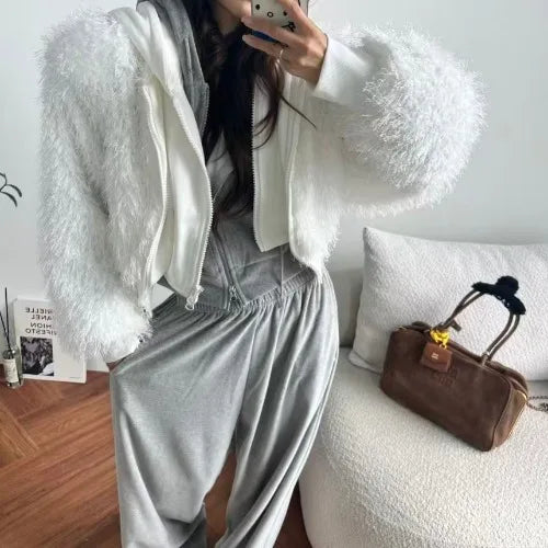 Women's Winter Thiened ort Coat Chic Loose Fit Furry Zipper Hooded Faionable Top Quali Leather Fur Stand Edition