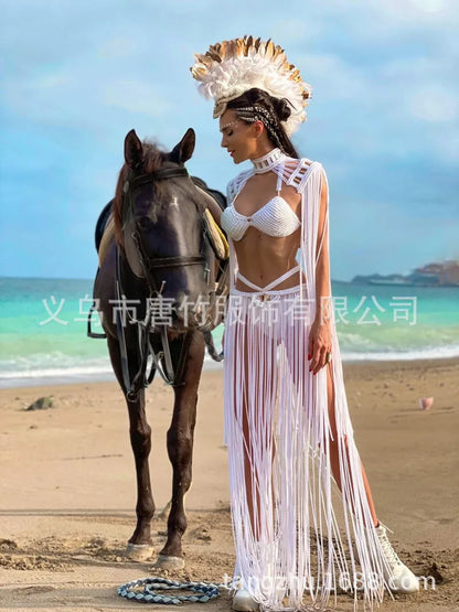 Hand Crochet Knitted Women Bikini Cover Ups 2023 Summer Holiday Tassel Beach Bathing Suit Sexy Hollow Out Skirts Matching Set
