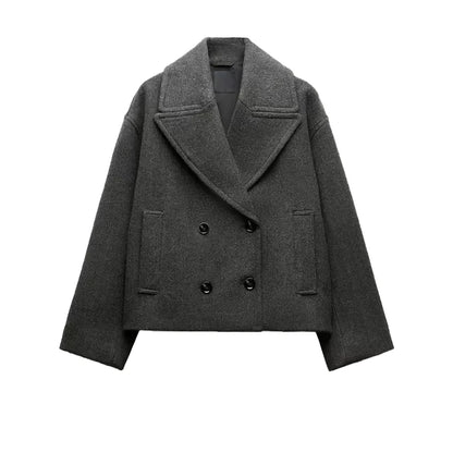 Casual Short Woolen Blends Coats Women Loose Lapel Bouble Breasted Pocket Full Sleeve Jacket 2025 Autumn Winter Lady Solid Coat