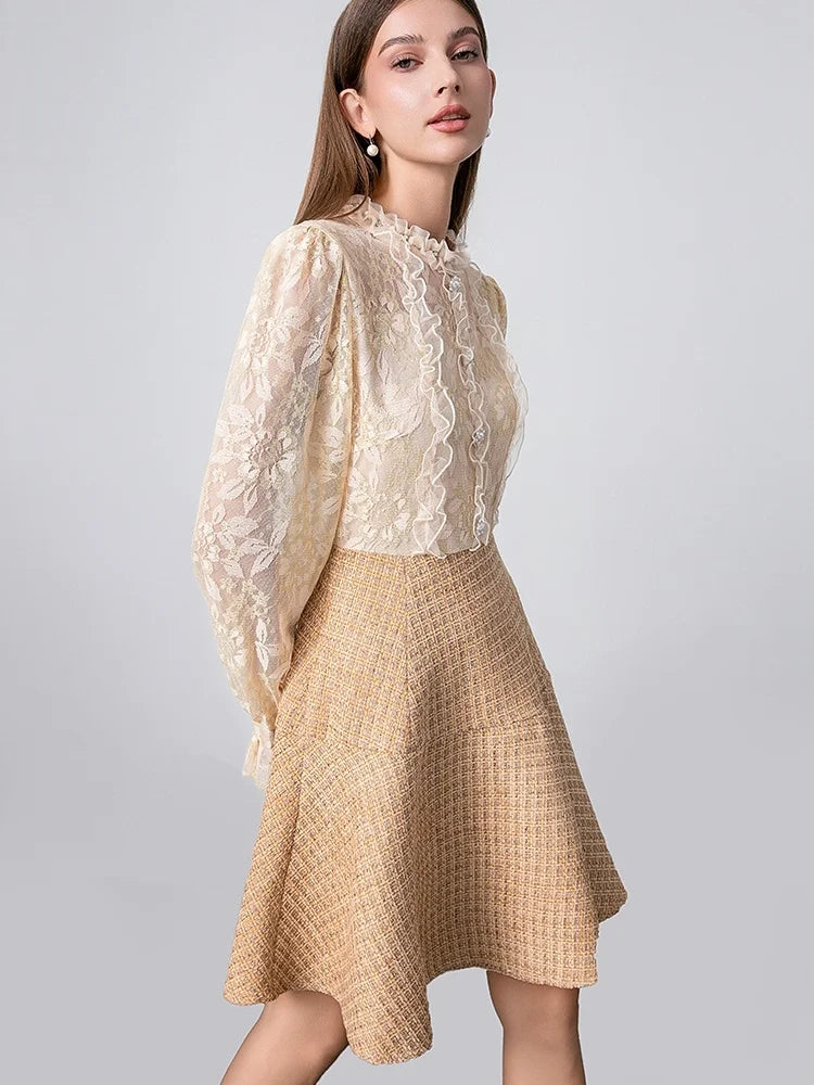 SMTHMA High-End Boutique Lace Splicing Fake Two Small Fragrant Tweed Dress Women's Luxury Beaded Winter Woolen Dresses