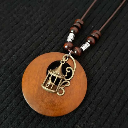 Retro Ethnic Round Wooden Leaf Owl Long Sweater Chain Necklace Women Vintage Clock Pendant Female Jewelry Neck Accessories Gifts