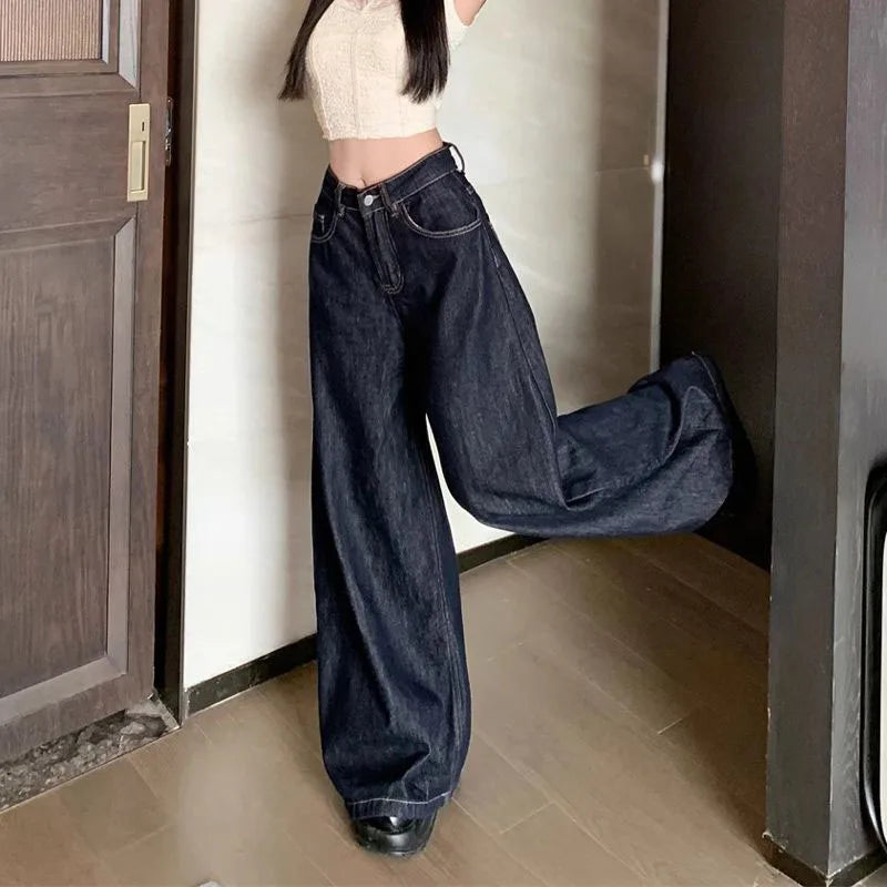 Lucyever Vintage Washed Wide Leg Jeans Women Deep Blue High Waist Baggy Y2K Denim Pants Lady Streetwear Casual Straight Trousers