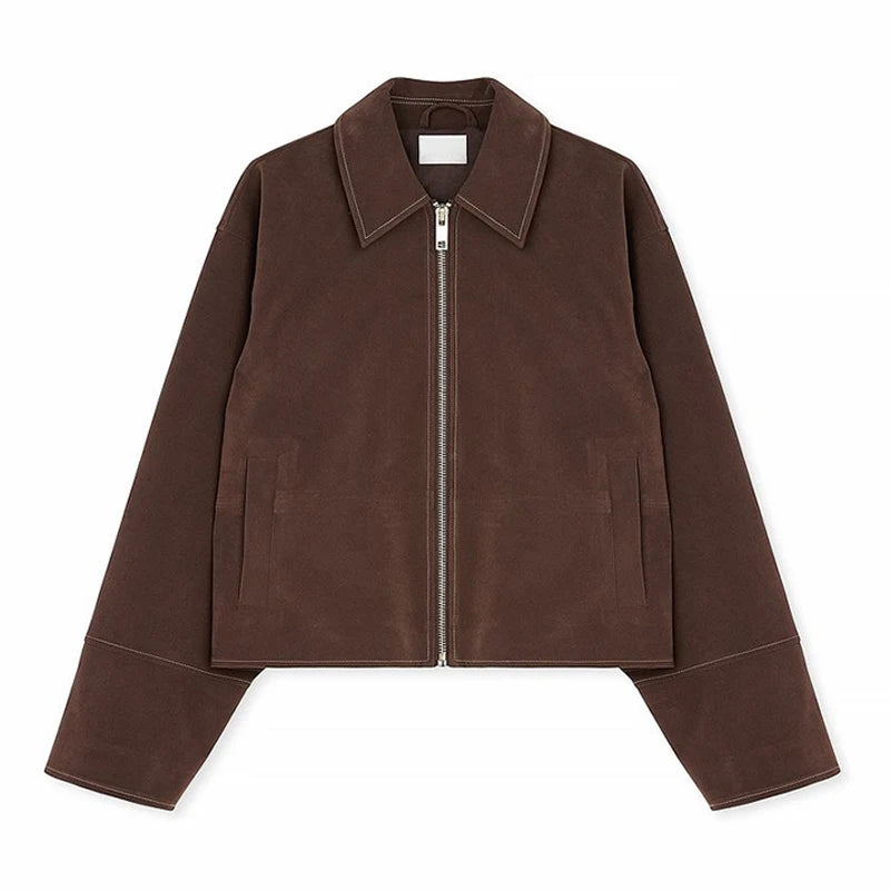 Vintage Brown Suede Jacket for Women Single Breasted Turn-down Collar Blazer with Pocket Casual Office Outerwear Autumn 2025