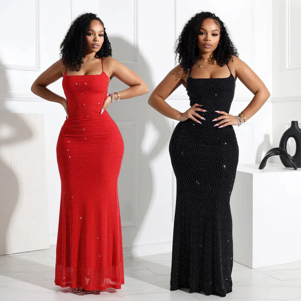 Women Camisole Dress Sheath Party Dresses Ankle Length Vestidos Sleeveless Slim 2025 Diamonds Slight Strech Summer Spliced