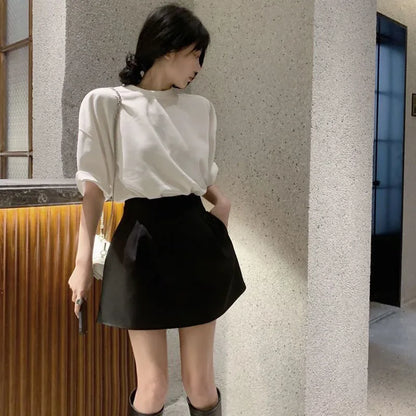 Lucyever Black White High Wiast Puffy Short Skirts Women All-Match Y2K Pocket A-Line Skirt Female Korean Work Style Suit Skirt