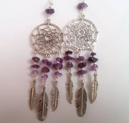 Amethyst Dreamcatcher Earrings , Dream Catcher Earrings , Amethyst Earrings , Tribal Jewelry , Purple Earrings , Handmade