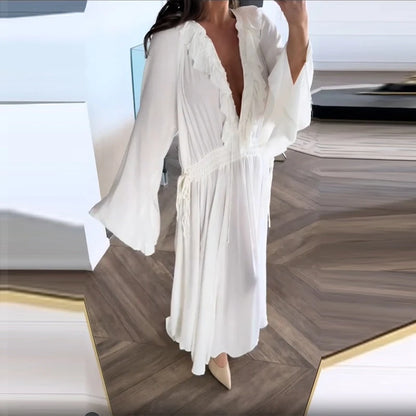 Elegant Solid Flounces Dresses Chic Loose V Neck Full Sleeve Female Long Robes New Lady Summer Commute Vacation Dress 2025