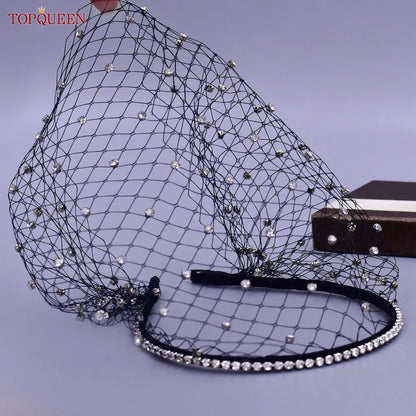 TOPQUEEN VA12 Wedding Birdcage Veil Bridal Blusher Veil White Headband Veil for Bridal Fascinators Black Face Net Mask Bachelore