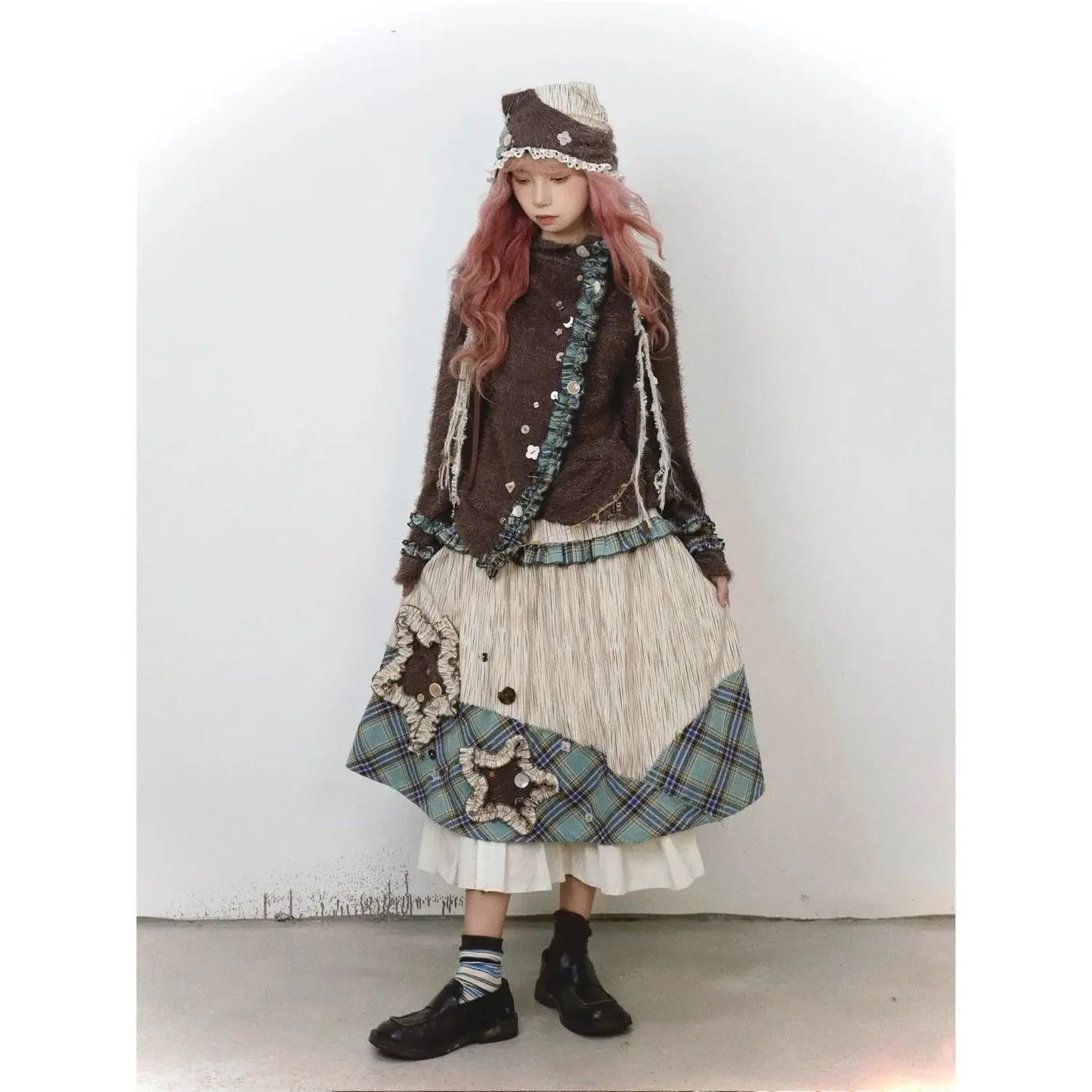 Autumn/Winter Retro Plaid Long Skirt Wandering Style High Waist Slimming Spliced A-line Loose Casual Vintage Skirt for Women