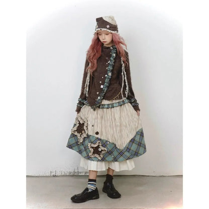Autumn/Winter Retro Plaid Long Skirt Wandering Style High Waist Slimming Spliced A-line Loose Casual Vintage Skirt for Women