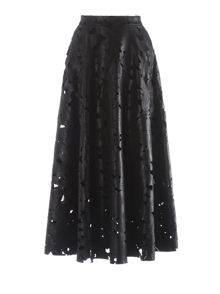 [EAM] High Waist Brown Pu Leather Hollow Out Elegant A-line Half-body Skirt Women Fashion Tide New Spring Autumn 2026 1DJ4309