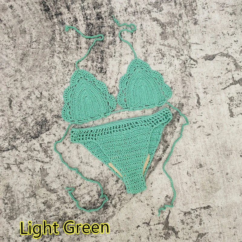 3 Piece Hand Crochet Beach Bikini Set Women Swimwear Cover UP Mini Skirt Swimsuit Suit