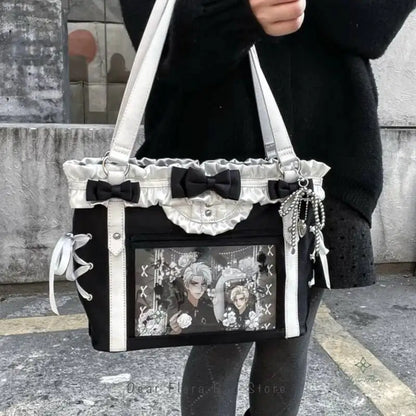 Japanese Sweet Women Ribbon Ita Bag Cute Lolita Girl Transparent Handbags Fashion Large Capacity Tote Bag Aesthetic Shoulder Bag