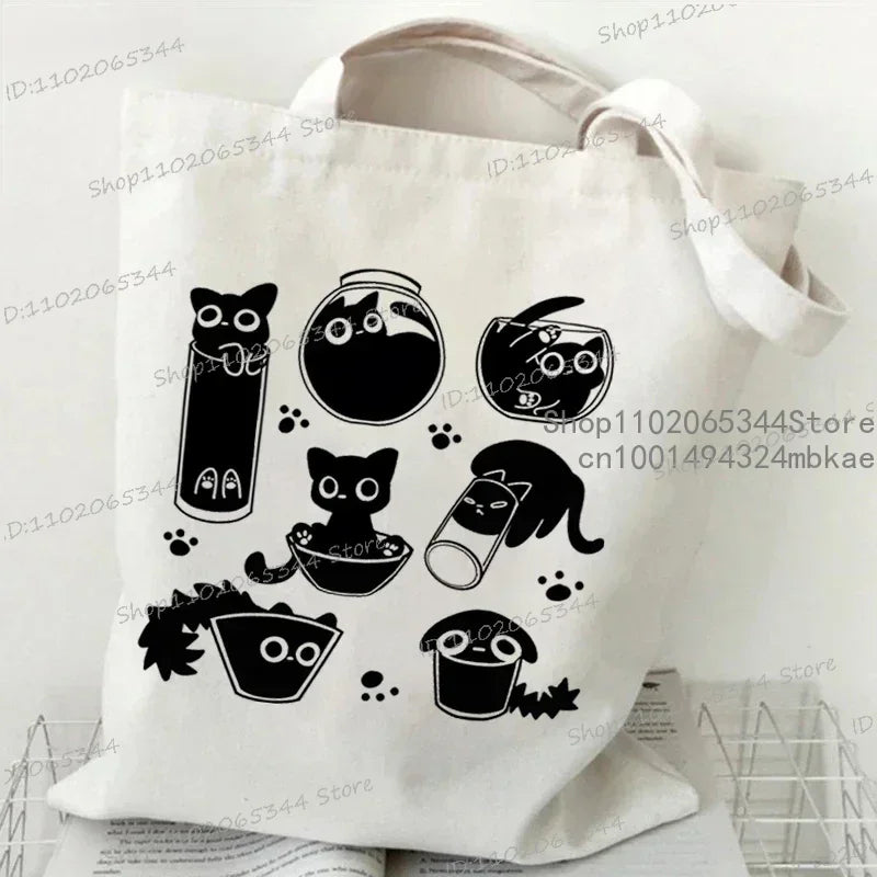 Kawaii Black Cat Graphic Handbags for Women Japanese Style Canvas Tote Bag Cartoon Fashion Shoulder Bag for Women Kitten Bag