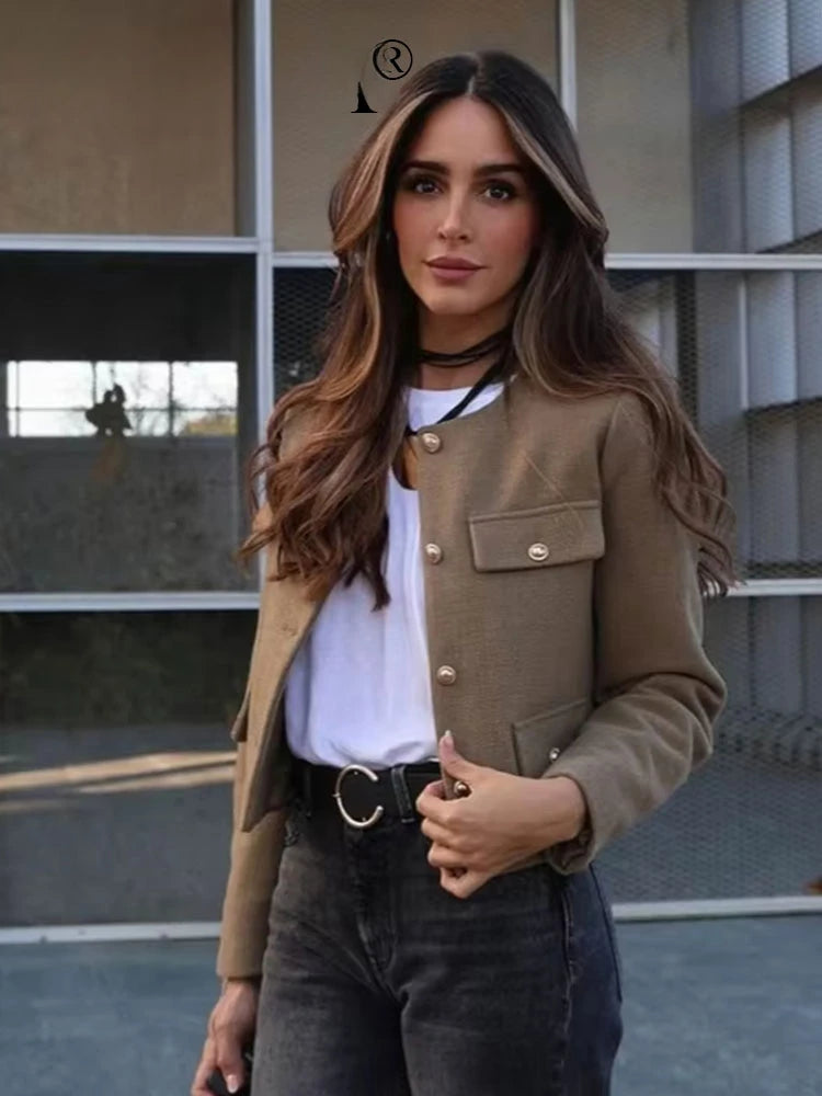 Women Elegant Cropped Jacket 2025 Women's Fashion Jacket O-Neck Long Sleeved Flip Pocket Coat Female Casual Outwear Tops