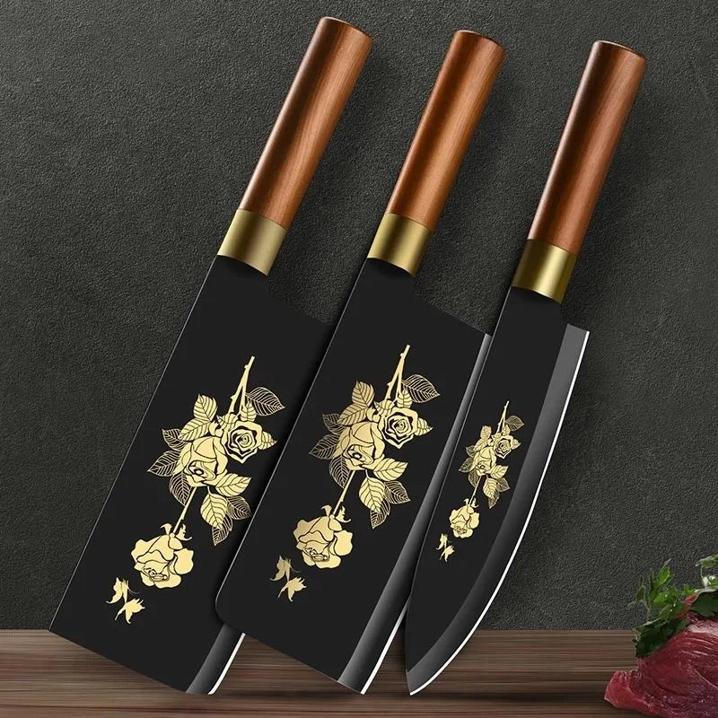 Deluxe Gold Titanium Plated Blade Fruit and Vegetable Chopper Deluxe Stainless Steel Kitchen Knife Professional Cooking Gear