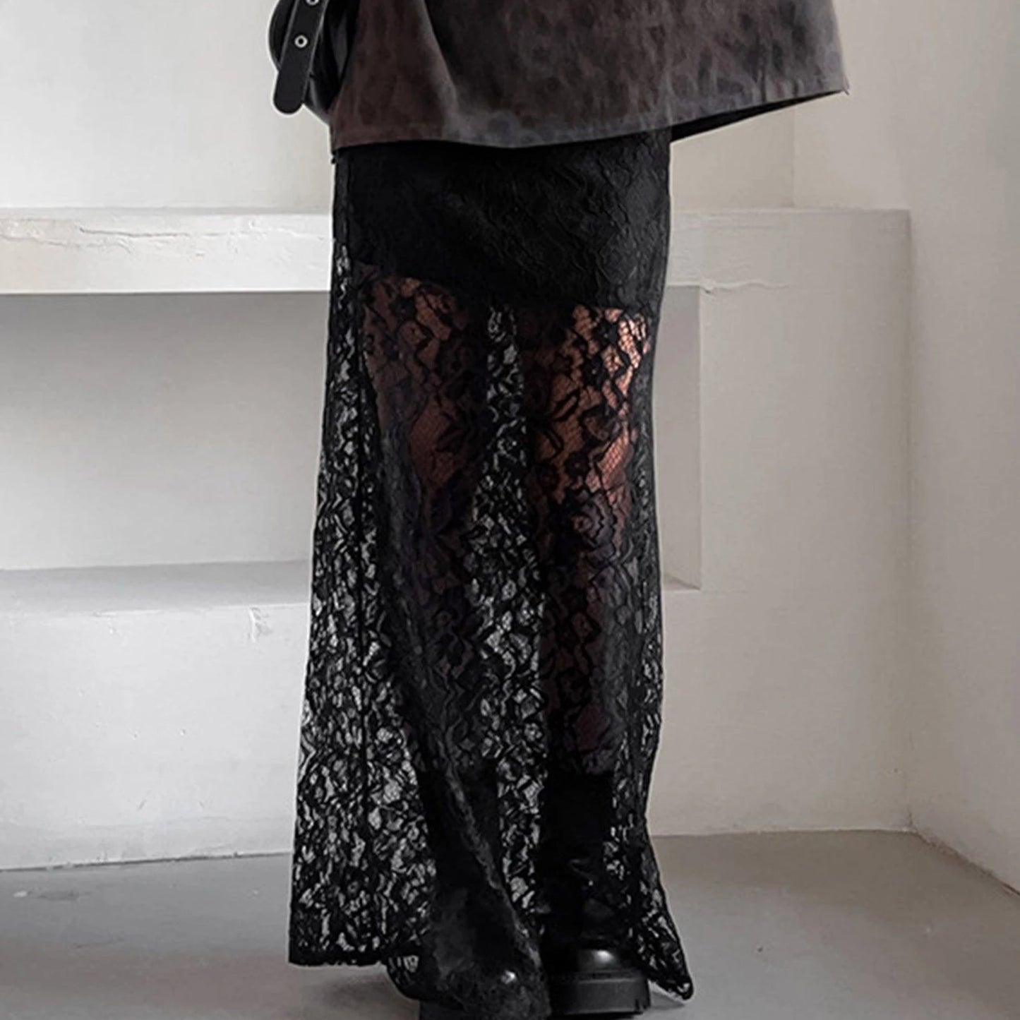 hirigin Women Fairy Lace Maxi Skirt Y2K Vintage Sheer Mesh Lace Floral Bodycon Long Skirt Sexy See-Through Half Slip Skirts