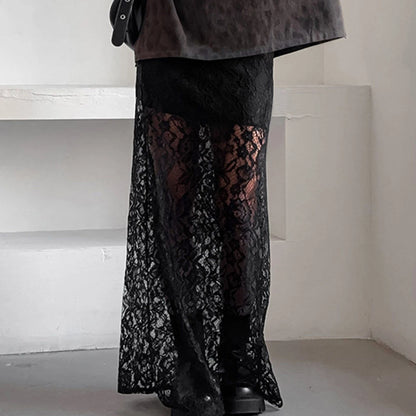 hirigin Women Fairy Lace Maxi Skirt Y2K Vintage Sheer Mesh Lace Floral Bodycon Long Skirt Sexy See-Through Half Slip Skirts