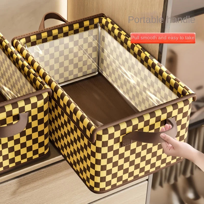 Checkered Fabric Clothing Storage Box - Galvanized Steel Frame - Breathable, Moisture-Proof, Foldable, Home Organizer - With Lid