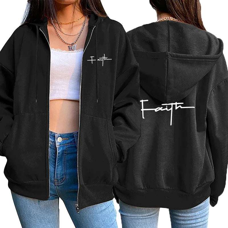 Womens Zipper Cardigan Coat Printing Casual Hooded Sweatshirt Sports Jogging Clothing High Quality Versatile Street Woman Jacket