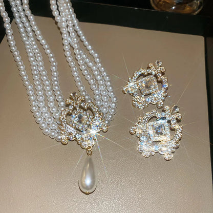 Inlaid Rhinestone Geometric Hollow Pattern Jewelry Sets for Women Elegant Temperament Light Luxury High-end Earring Necklace Set