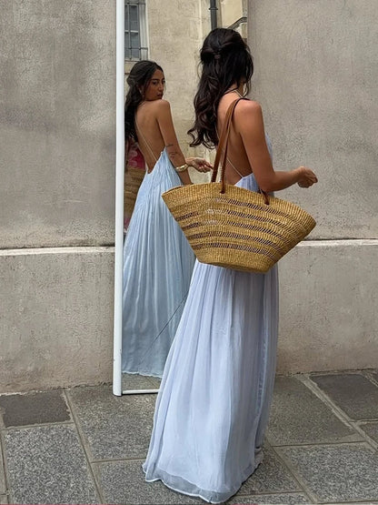 Blue Pleated Backless Maxi Dresses Women V Neck Off Shoulder A Line Loose Holiday Long Dress Elegant Casual Summer Vacation Robe