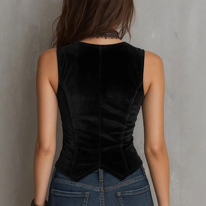 Autumn Winter Solid Velvet Women's Vest Jacket Elegant V Neck Button Top Cardigan Casual Sleeveless Slim Vintage Outerwear Coats