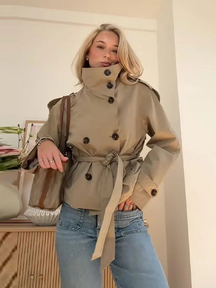 Women's Chic Stand Collar Double-breasted Belted Waist Cropped Trench Coat Shoulder Epaulets 2025 Autumn Casual Street Outerwear