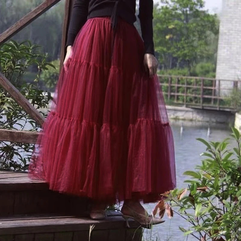 Autumn Fairy Puffy Maxi Long Gauze Skirt Cakee Patchwork A-line Layered Tulle Ankle Long Skirts Green Burgundy