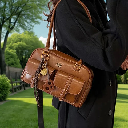 Women Multi Pocket Shoulder Tote Bag with Golden-Tone Hardware & Letter, Stylish Handbag Purse for Travel, Work, Shopping, Dates
