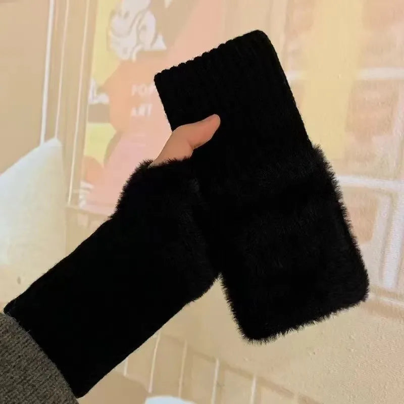 1pair Mink Fleece Soft Winter Half Finger Gloves Women Warm Plush Knitted Fingerless Gloves Girls Cute Wrist Mittens Writting