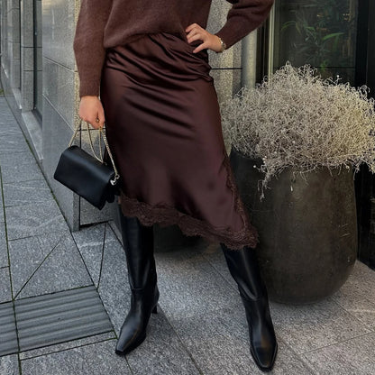 Xingqing y2k Women Skirt Elegant Clothes Solid Color Elastic Waist Lace Patchwork Irregular Hem Side Slit Midi Skirts Clubwear
